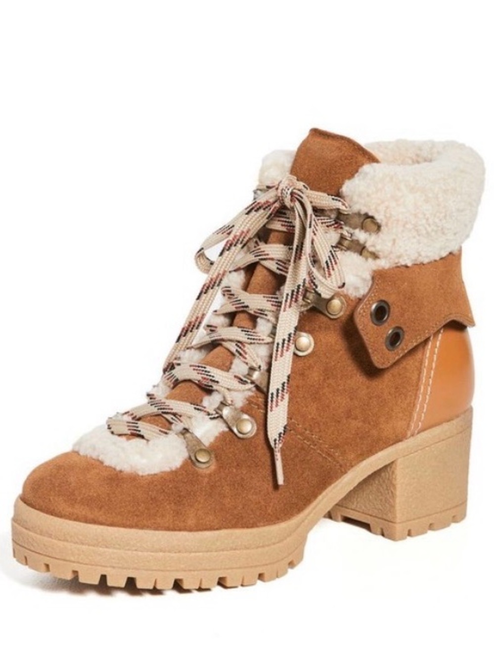 See By Chloe Tan Suede Shearling-Trim Lace-Up Block Heel Booties